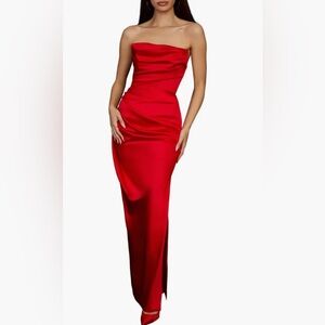 HOUSE OF CB Adrienne Gathered Satin Strapless Gown